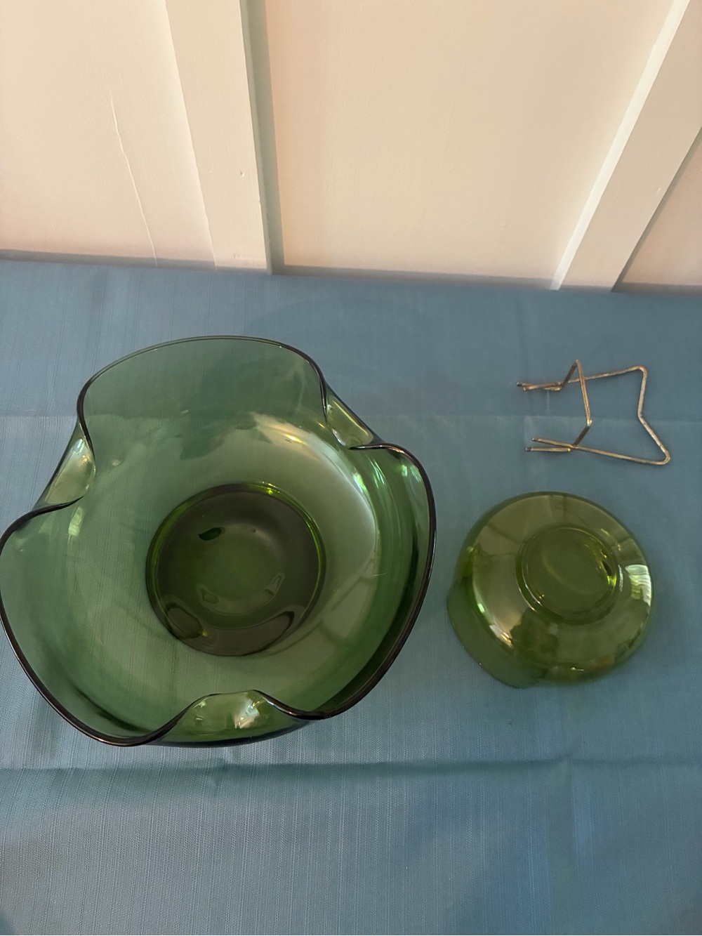 Vintage MCM Anchor Hocking Avocado Green Pinched Glass Chip & Dip Bowl Set 1970s - Picture 3 of 9